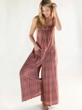 Natural Life Dakota Plaid Tie Overalls in Pink Plaid